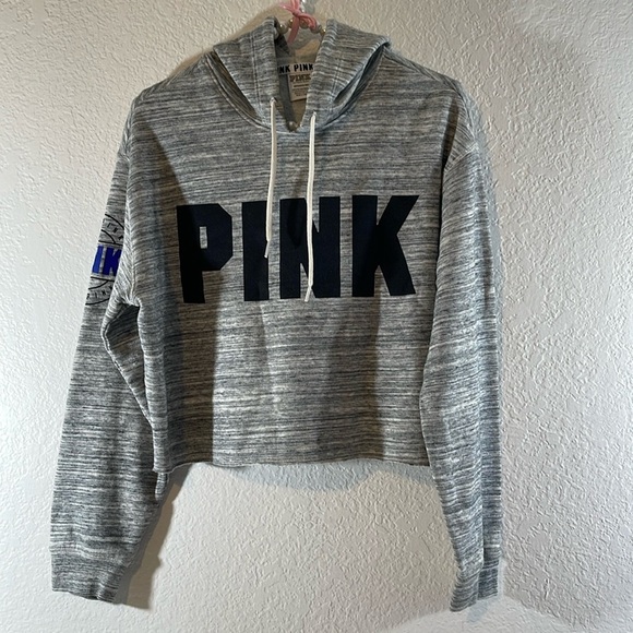 PINK Victoria’s Secret Cropped Hoodie Grey & White Size Small - Picture 2 of 10
